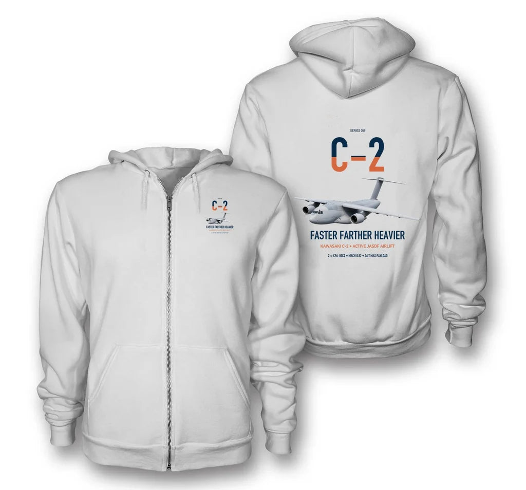 Kawasaki C-2 design on white premium zipped hoodie, double-side print