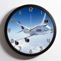 Thumbnail for Cruising Lufthansa's Boeing 747 aviation design on premium wood and metal wall clock.