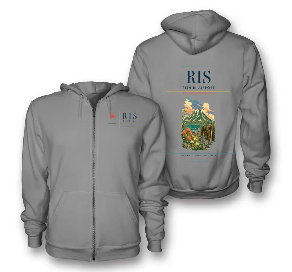 Rishirifuji Airport (RIS) design on gray premium zipped hoodie