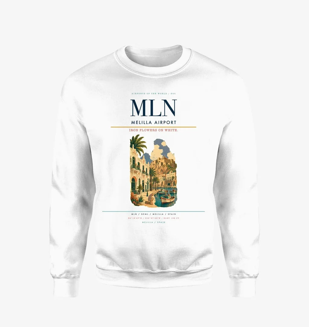 Melilla Airport (MLN) design on white sweatshirt