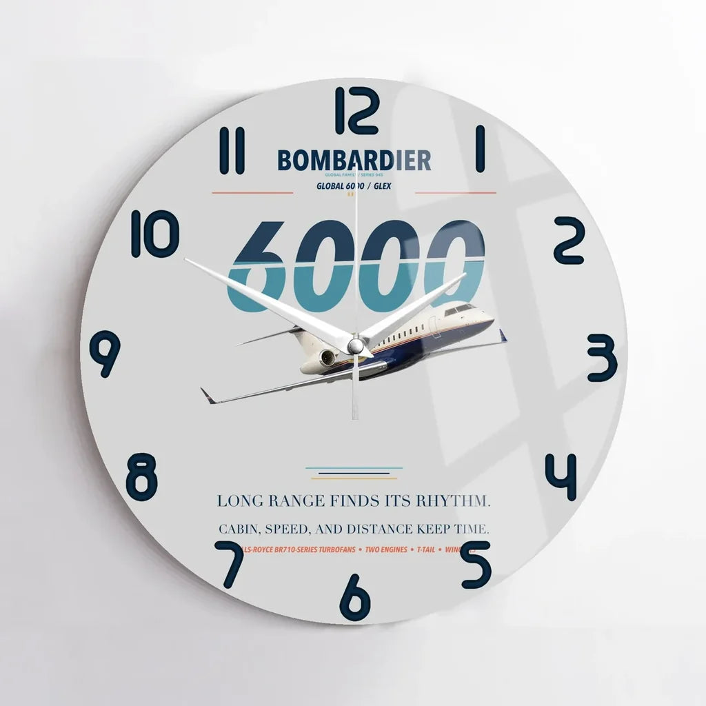 Bombardier Global 6000 design on light gray no frame wall clock