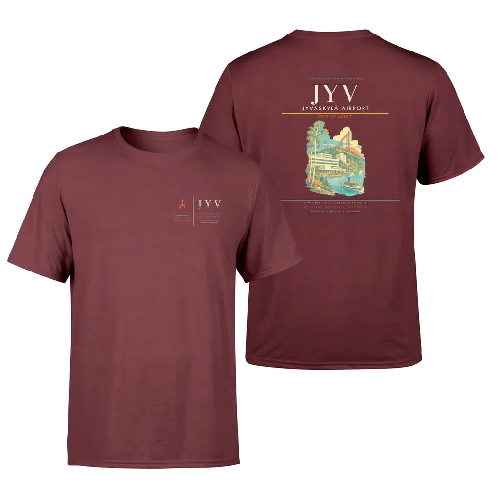 Jyväskylä Airport (JYV) design printed on dark red double-side t-shirt