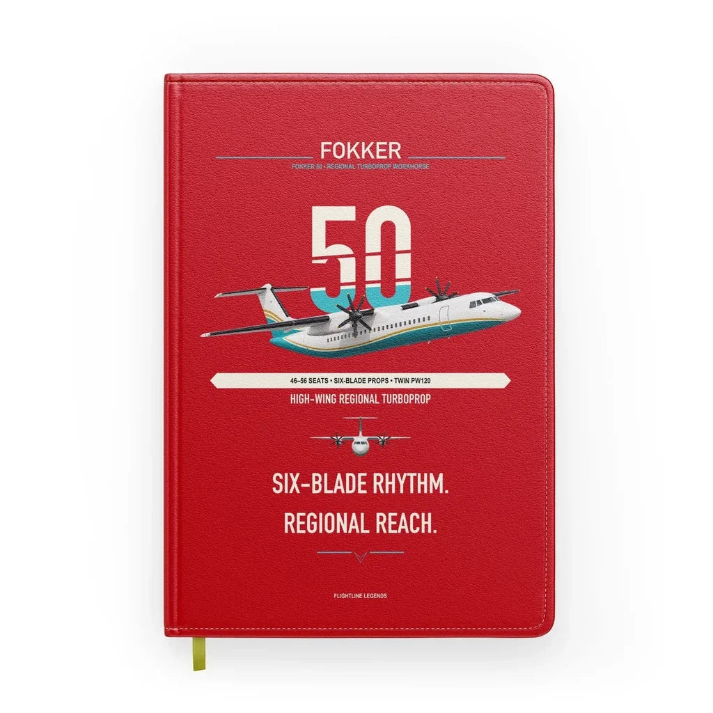 Fokker 50 design on red notebook