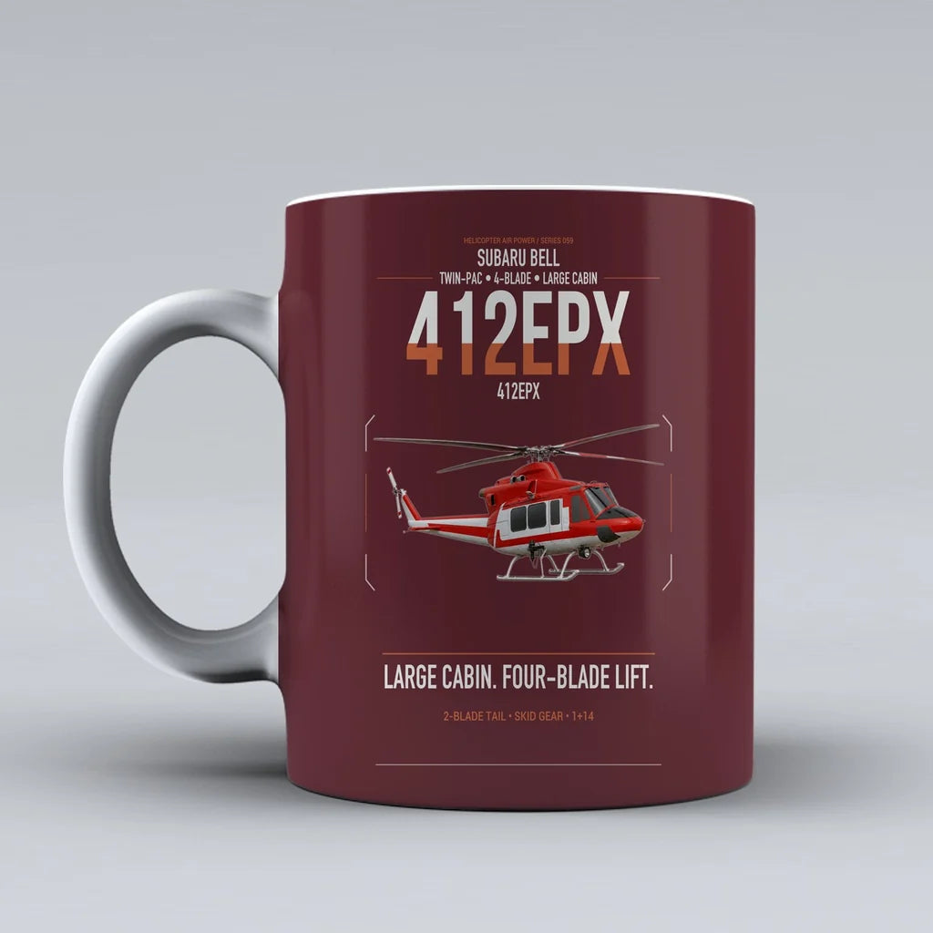 SUBARU Bell 412EPX design on dark red ceramic mug, double-side print