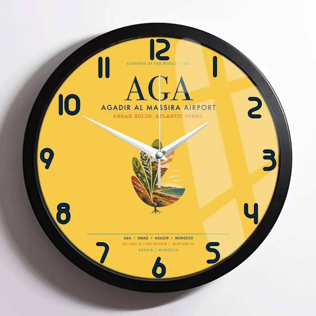Agadir Al Massira Airport (AGA) design on yellow framed wall clock