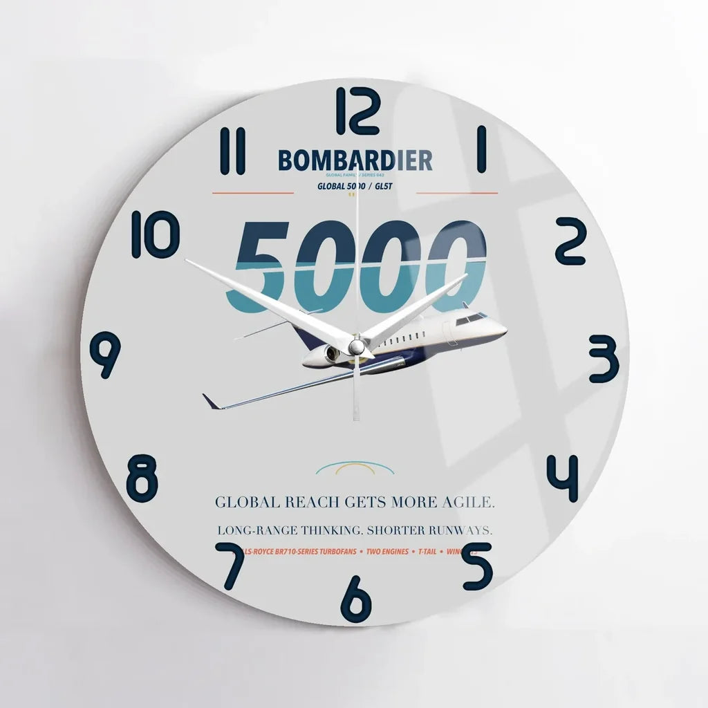Bombardier Global 5000 design on light gray no frame wall clock