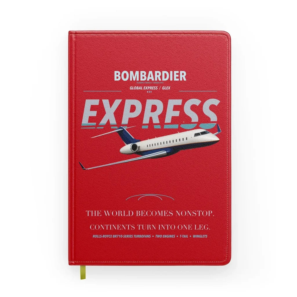 Bombardier Global Express design on red notebook