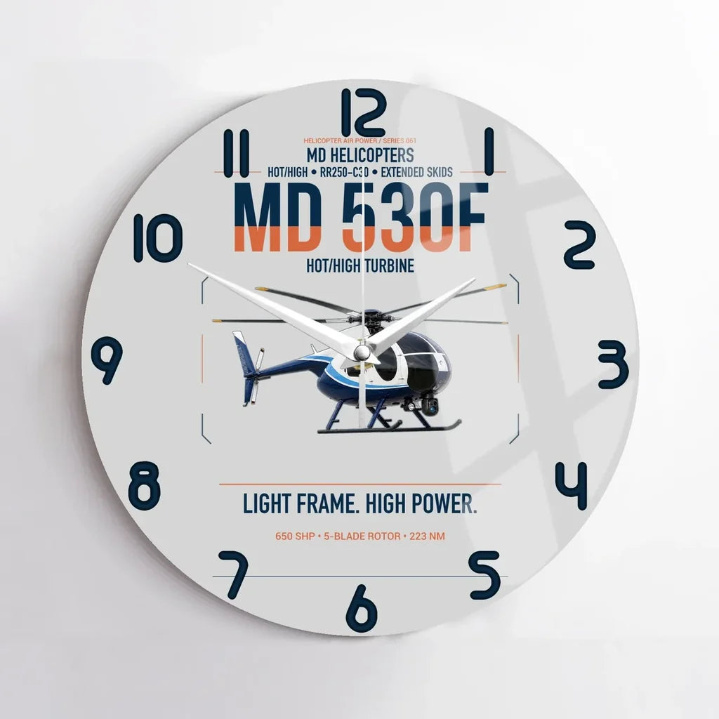 MD Helicopters MD 530F design on light gray no frame wall clock