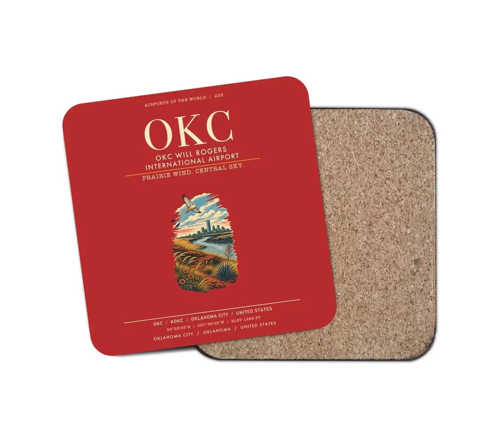 OKC Will Rogers International Airport (OKC) design on red 1 piece coaster