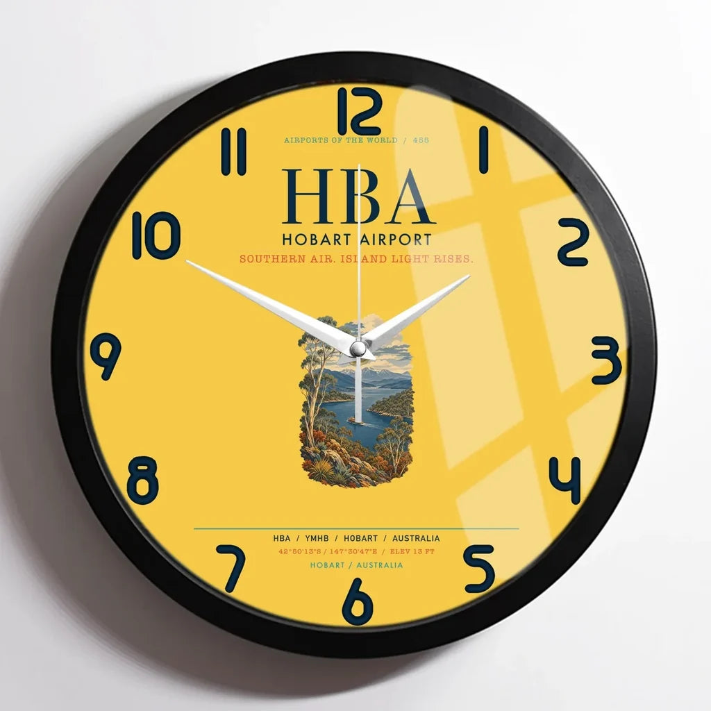 Hobart Airport (HBA) design on yellow framed wall clock