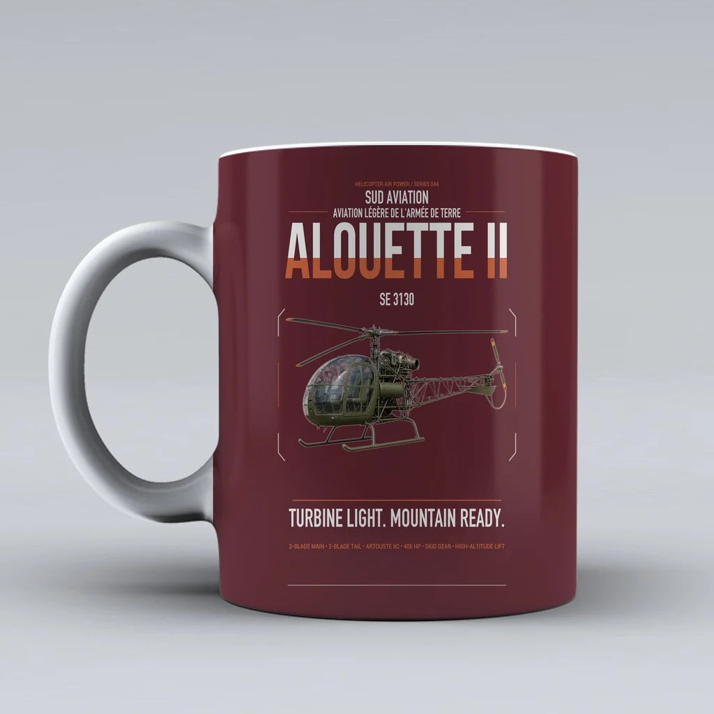 Sud Aviation SE 3130 Alouette II design on dark red ceramic mug, double-side print