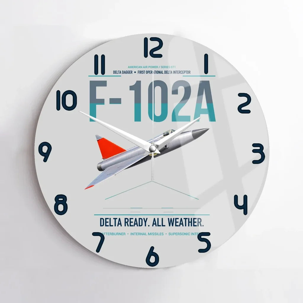 F-102A Delta Dagger design on light gray no frame wall clock