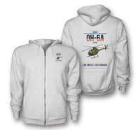 Thumbnail for Hughes OH-6A Cayuse design on white premium zipped hoodie, double-side print