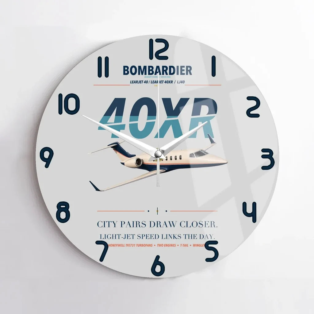 Bombardier Learjet 40XR design on light gray no frame wall clock