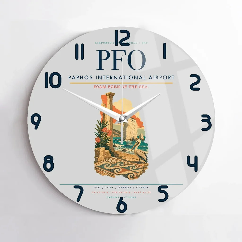 Paphos International Airport (PFO) design on light gray no frame wall clock