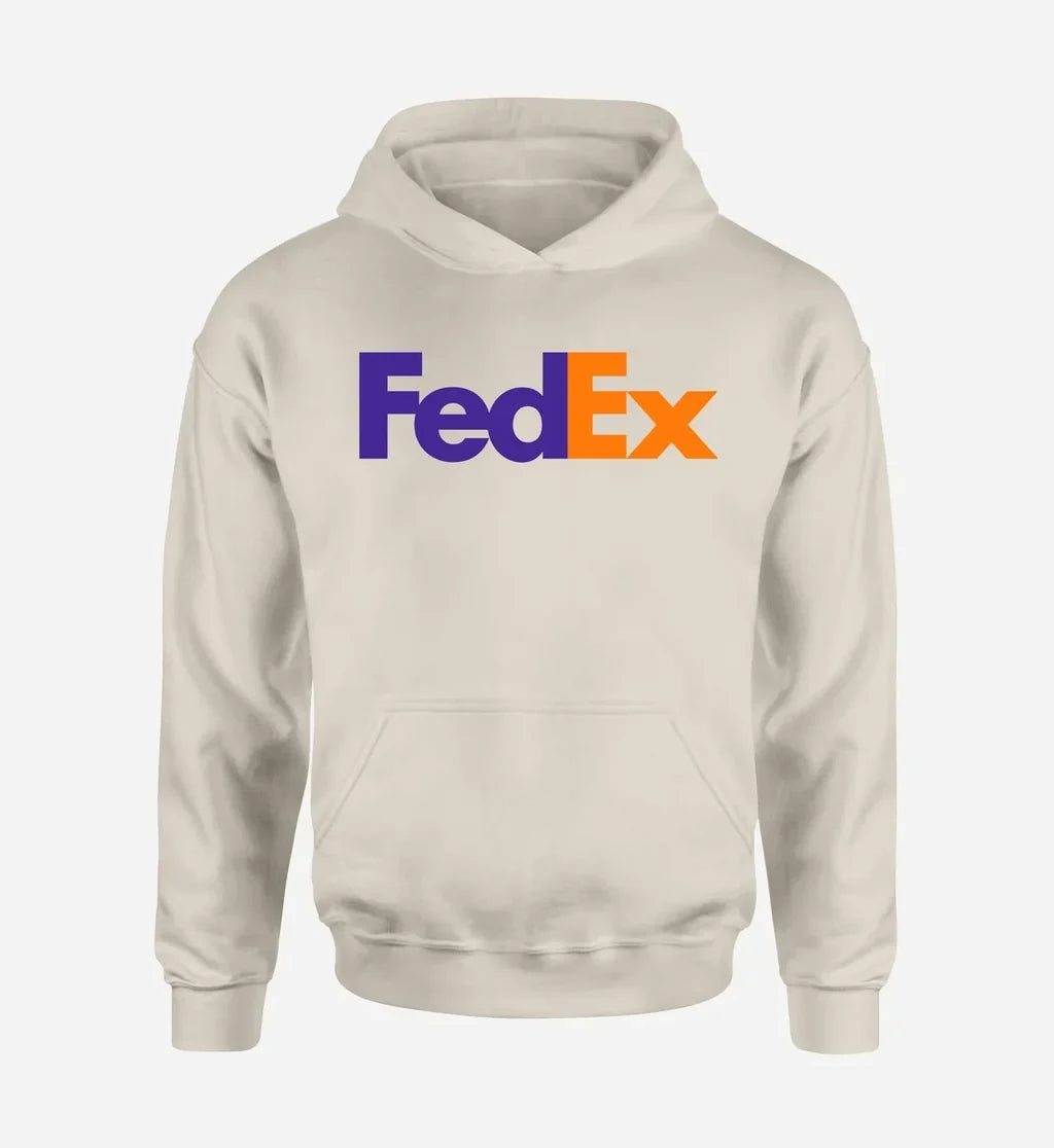 FedEx logo printed on khaki hoodie