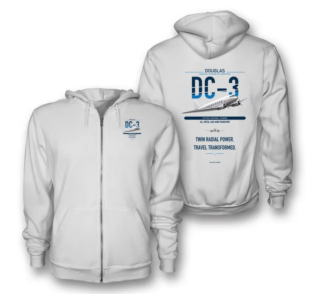 Douglas DC-3 design on white premium zipped hoodie, double-side print