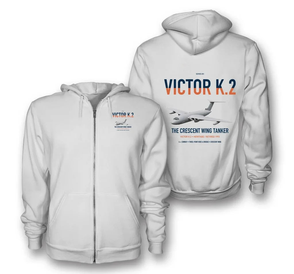 Handley Page Victor K.2 design on white premium zipped hoodie, double-side print