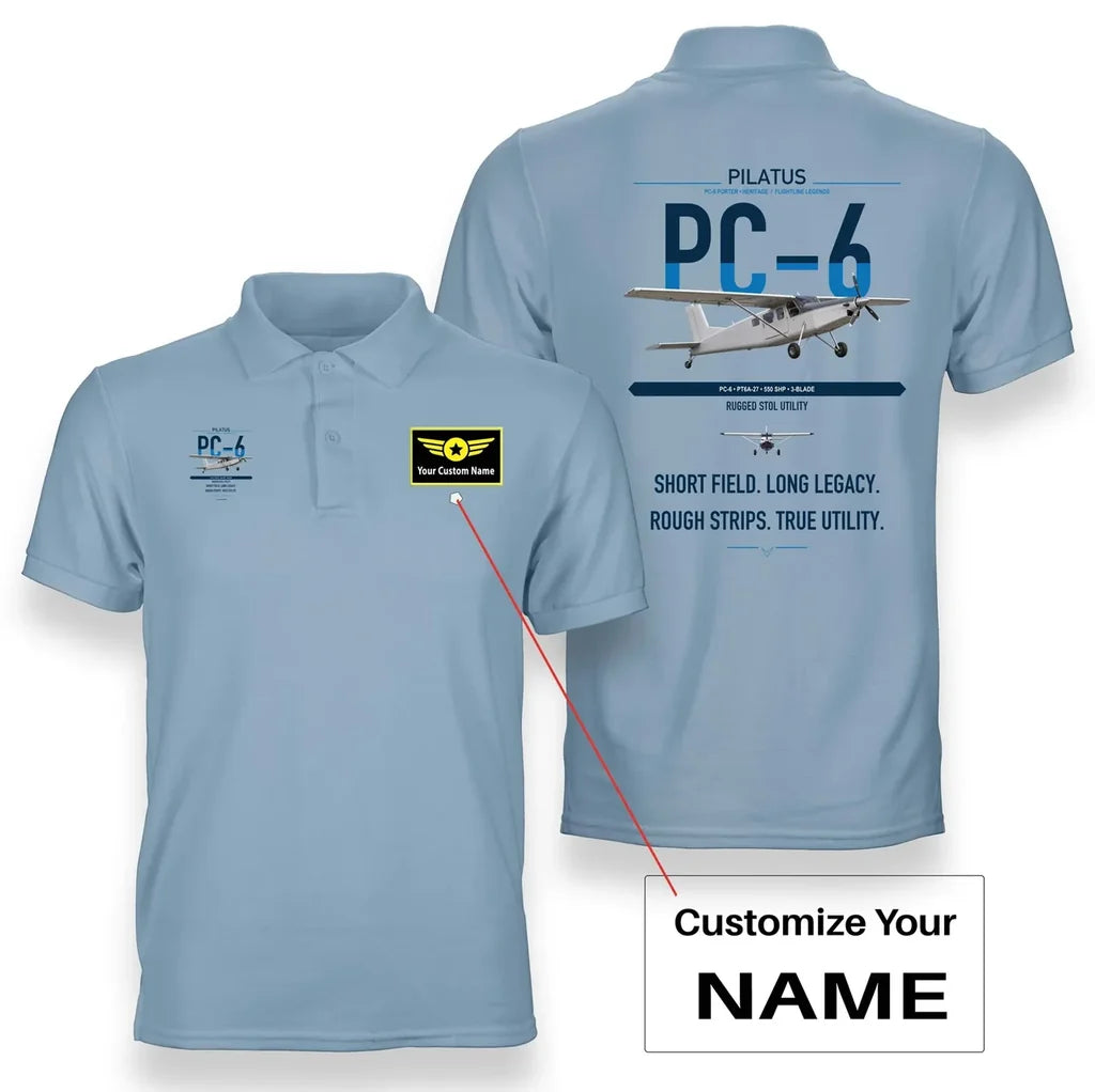 Pilatus PC-6 Porter design on light blue+name double-side polo t-shirt, double-side print