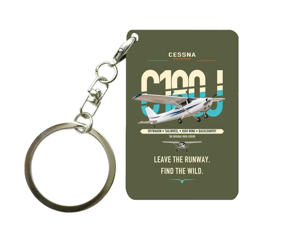 Cessna 180J Skywagon design on green army designed key chain, double-side print