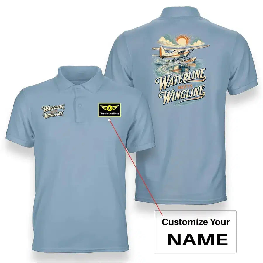 SIGNAL 642 - Waterline Meets Wingline - Double-Side Polo design on light blue double side polo with custom name badge