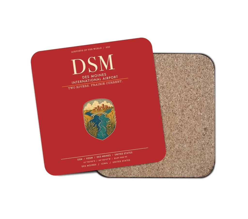 Des Moines International Airport (DSM) design on red 1 piece coaster