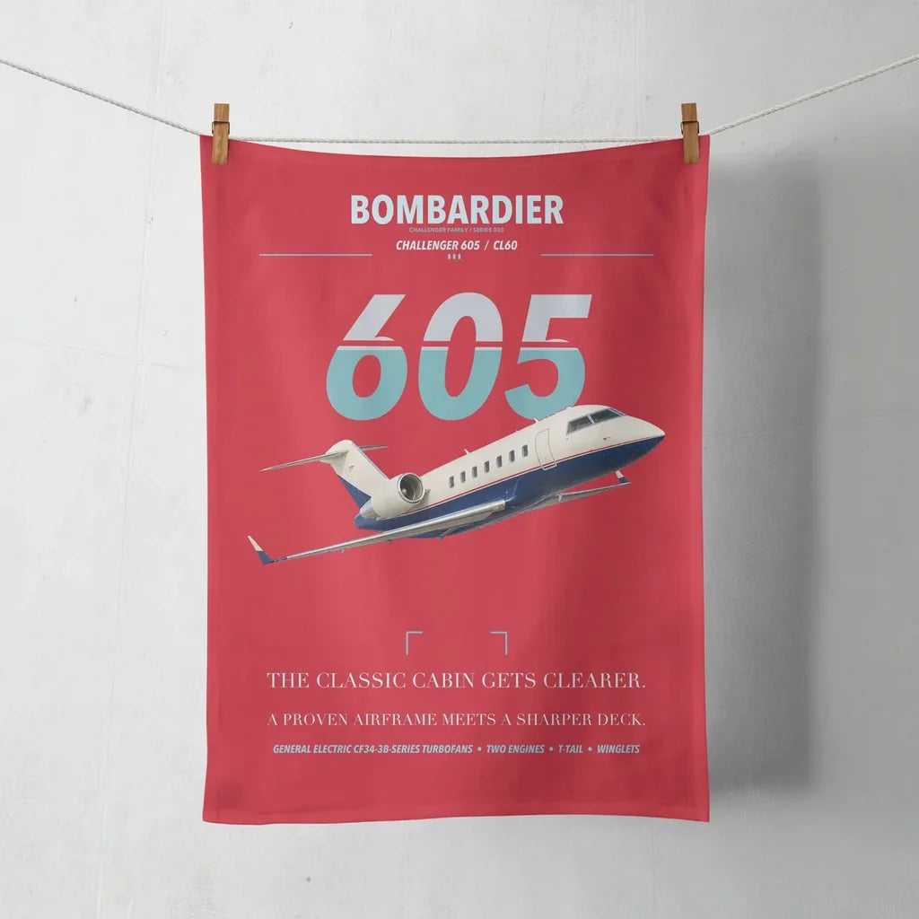 Bombardier Challenger 605 design on red towel