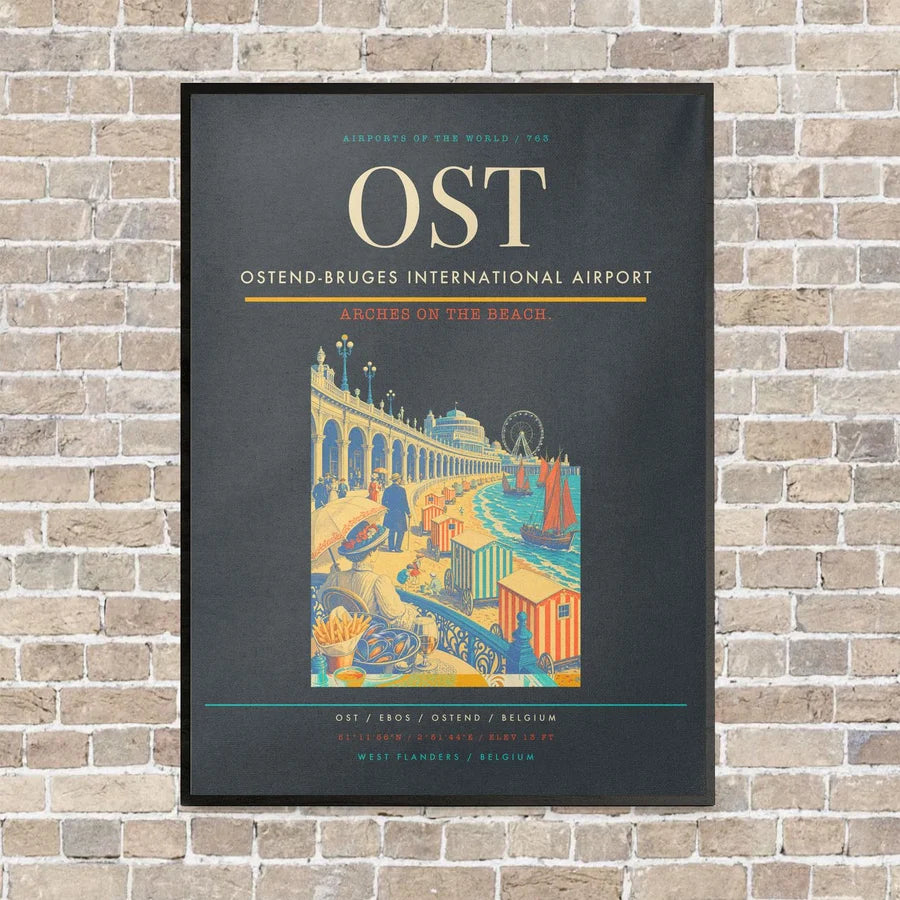 Ostend-Bruges International Airport OST vertical canvas print - framed - gray background