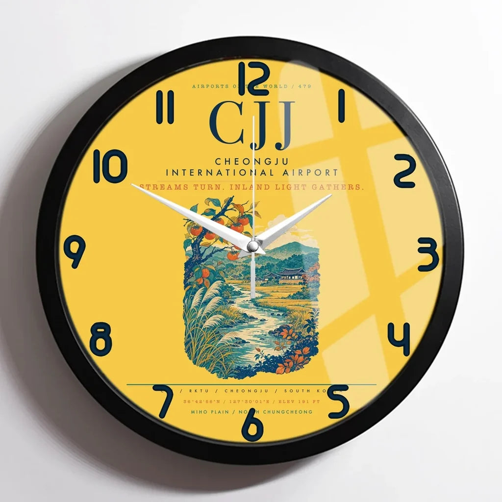 Cheongju International Airport (CJJ) design on yellow framed wall clock