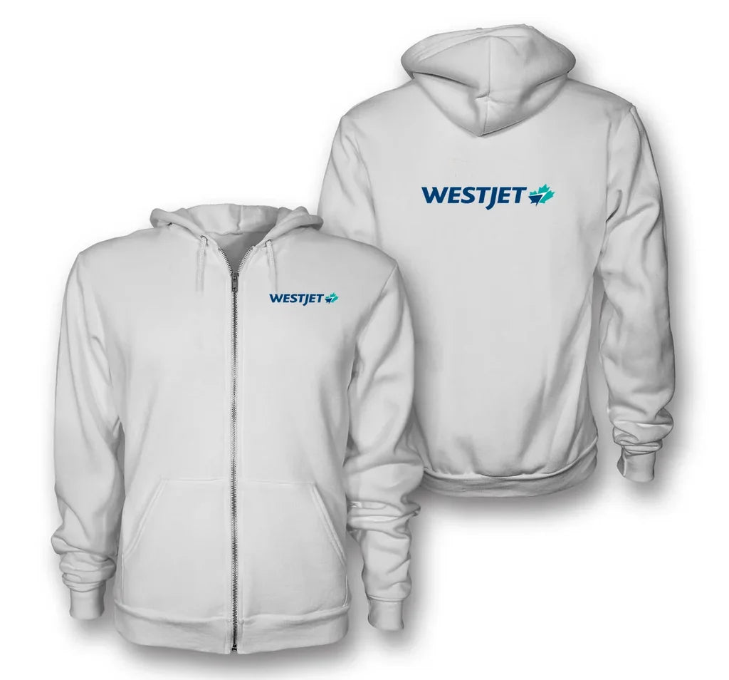 WestJet Airlines logo on white zipped hoodie