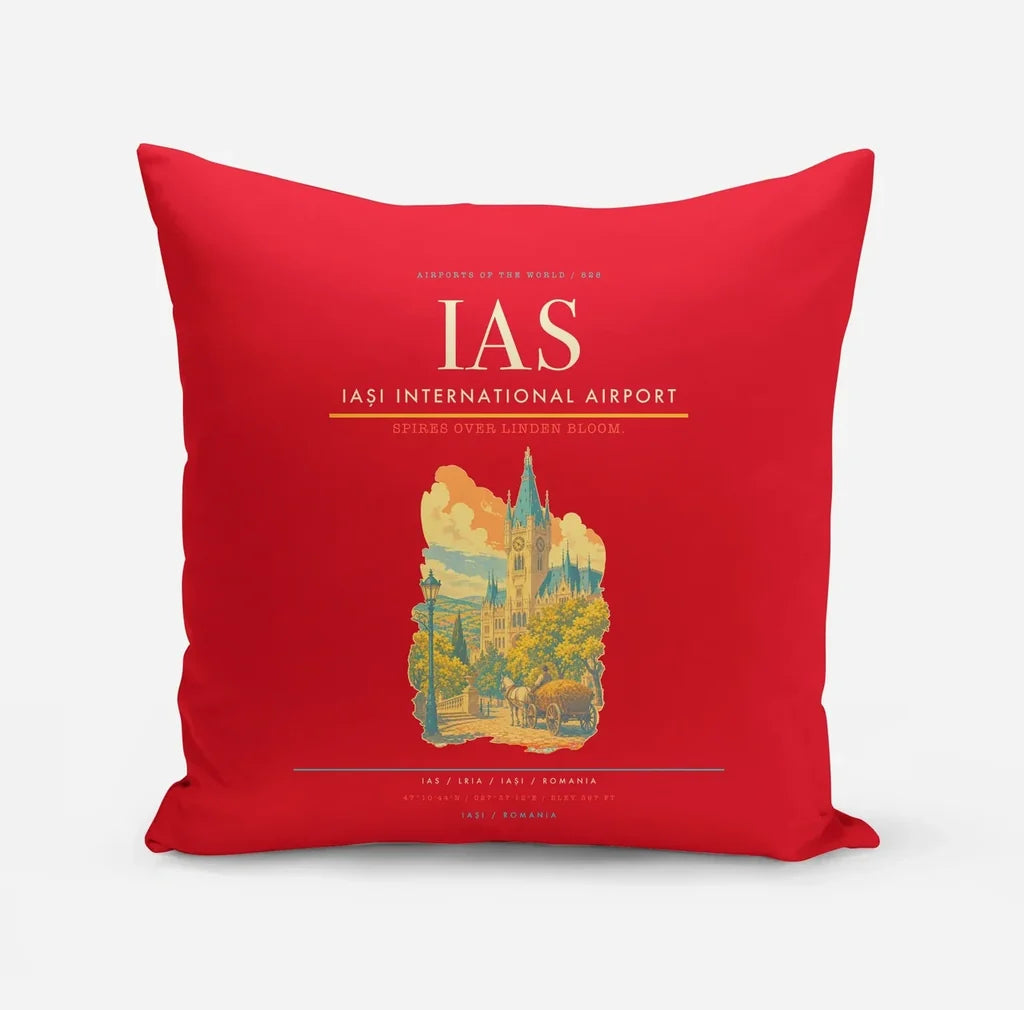 Iași International Airport (IAS) design on red pillow