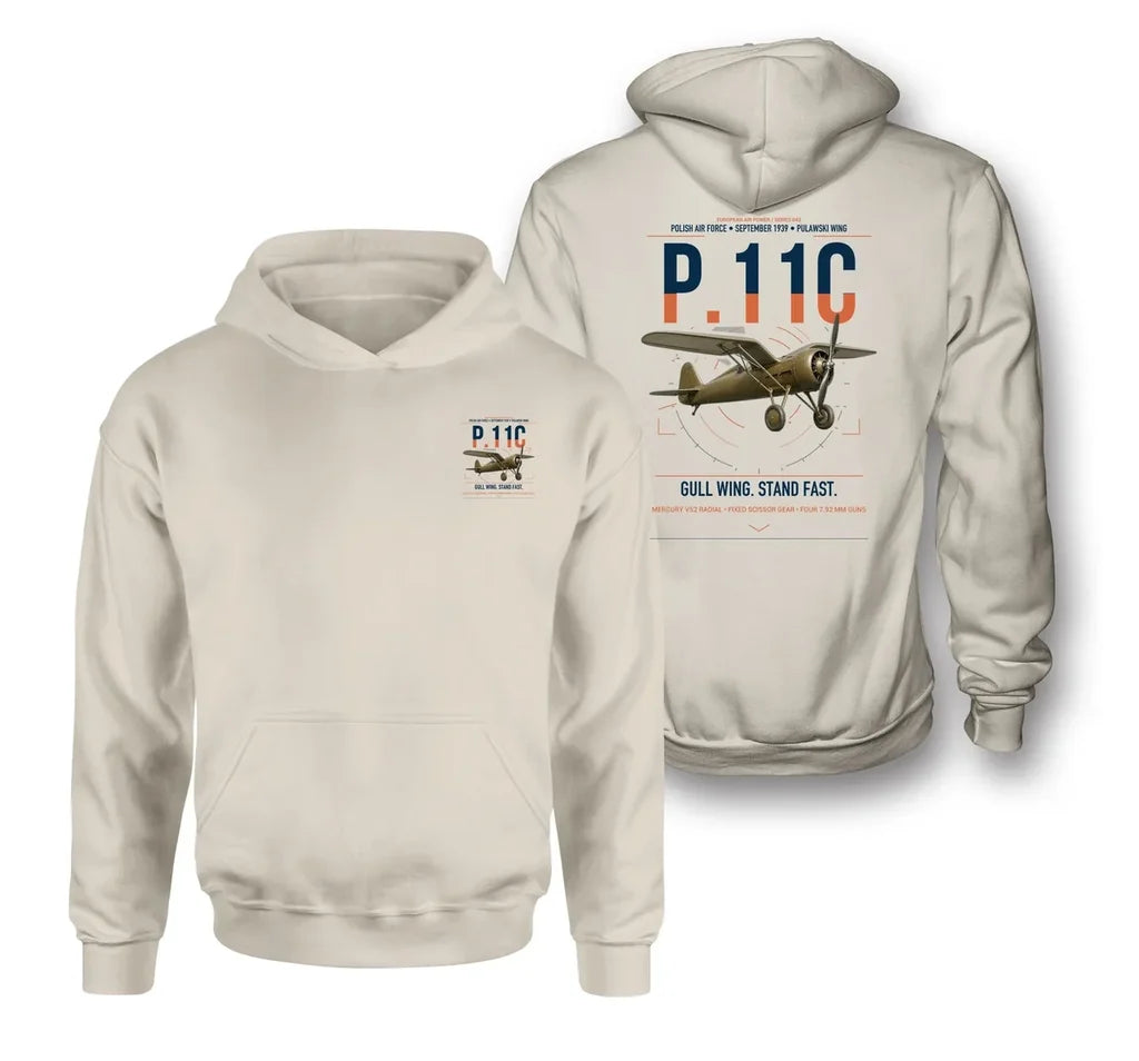 PZL P.11c design on khaki double-side hoodie, double-side print