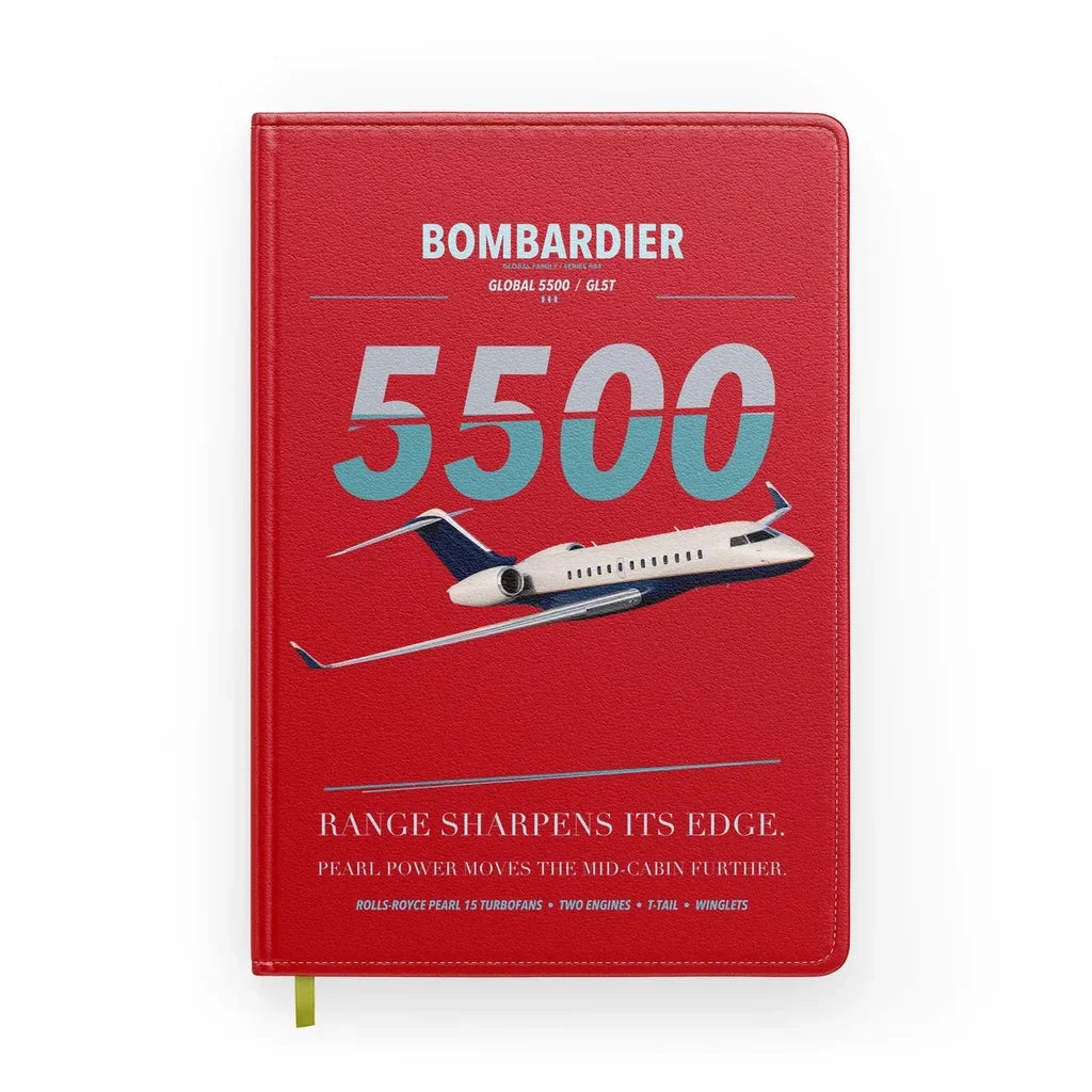 Bombardier Global 5500 design on red notebook