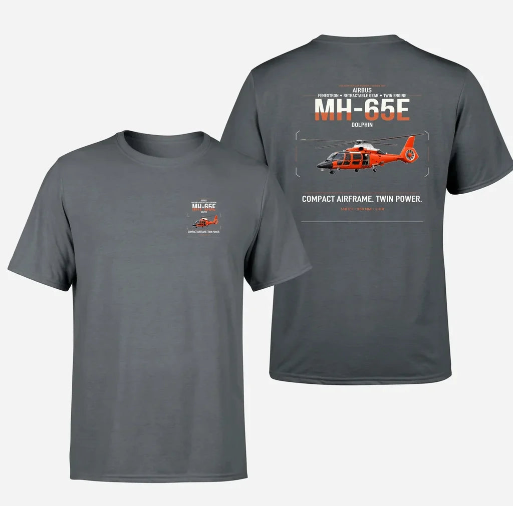 Airbus MH-65E Dolphin design on gray t-shirt, double-side print