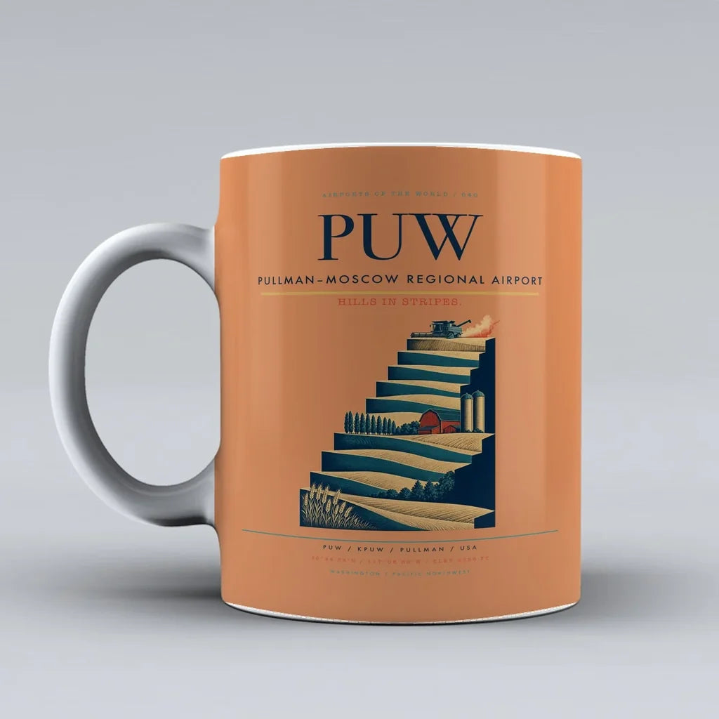 Pullman–Moscow Regional Airport (PUW) airport code design on orange ceramic mug