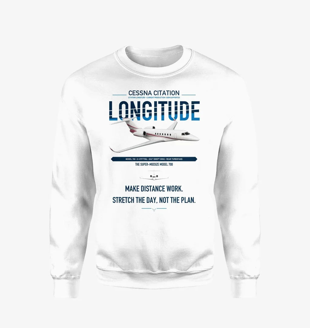 Cessna Citation Longitude design on white sweatshirt