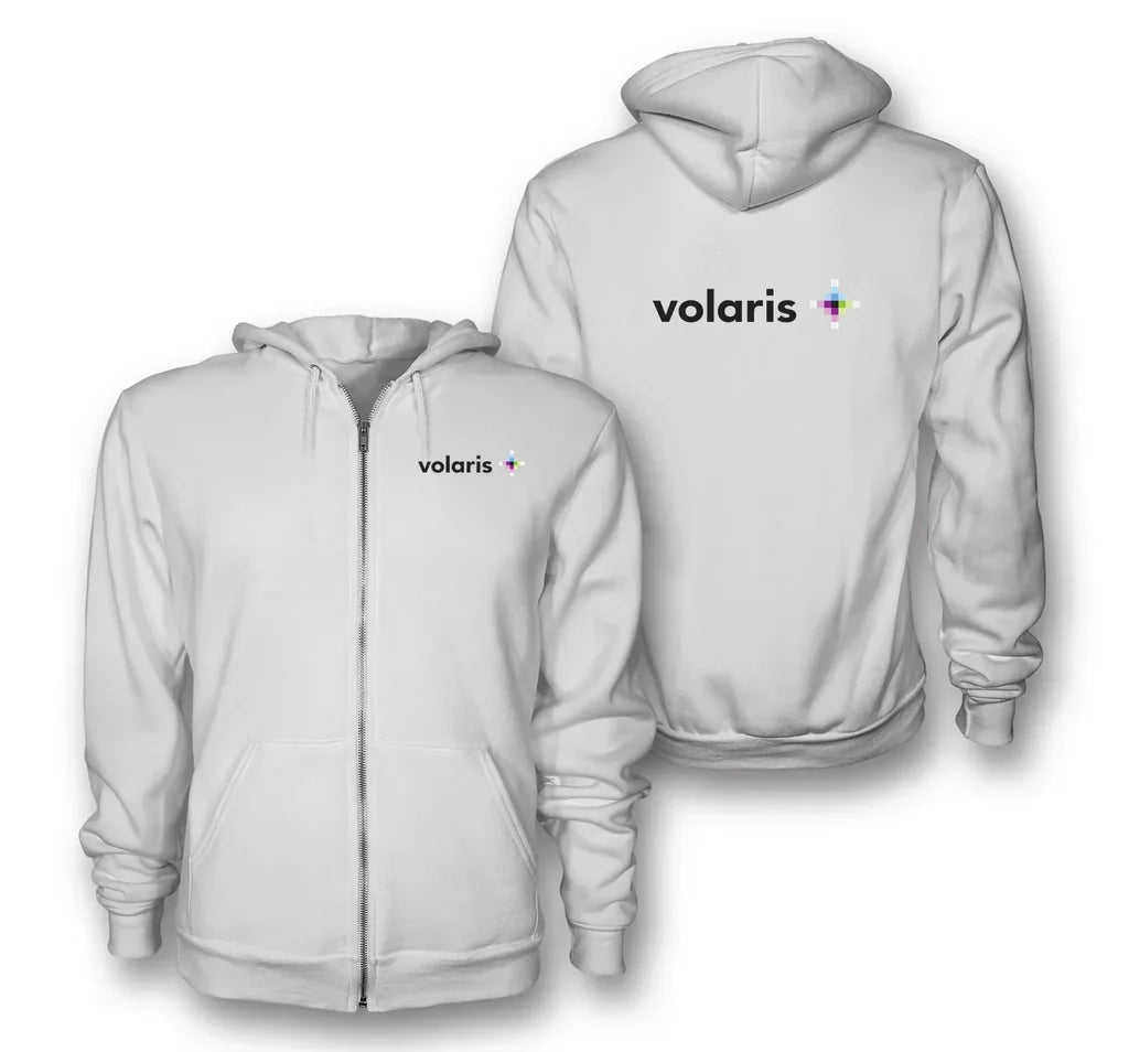 Volaris logo on white zipped hoodie