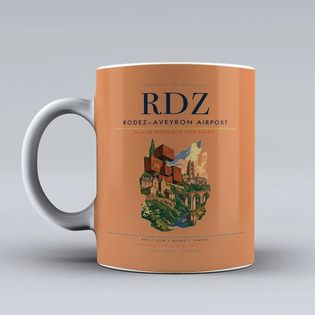 Rodez–Aveyron Airport (RDZ) airport code design on orange ceramic mug