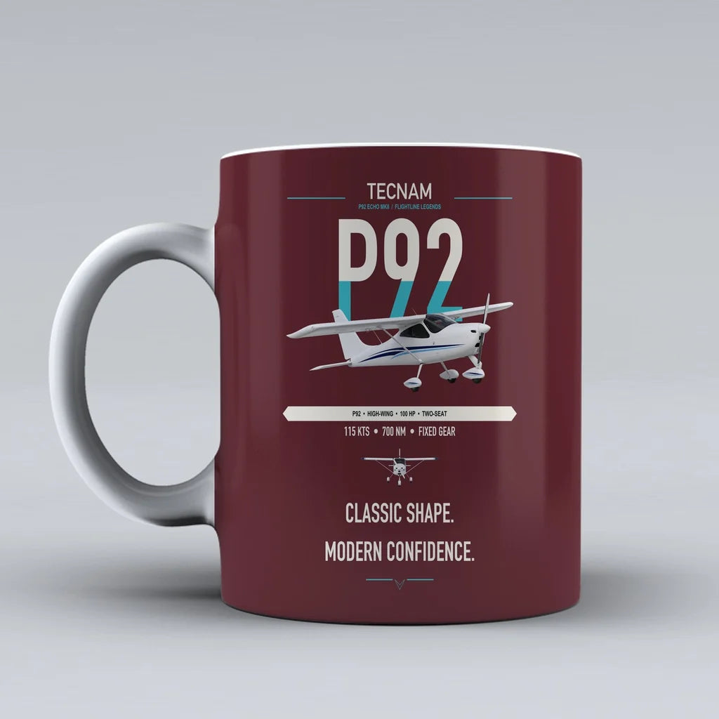Tecnam P92 Echo MkII design on dark red ceramic mug, double-side print