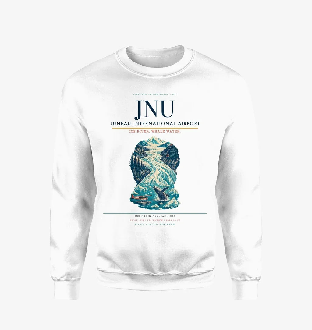 Juneau International Airport (JNU) design on white sweatshirt
