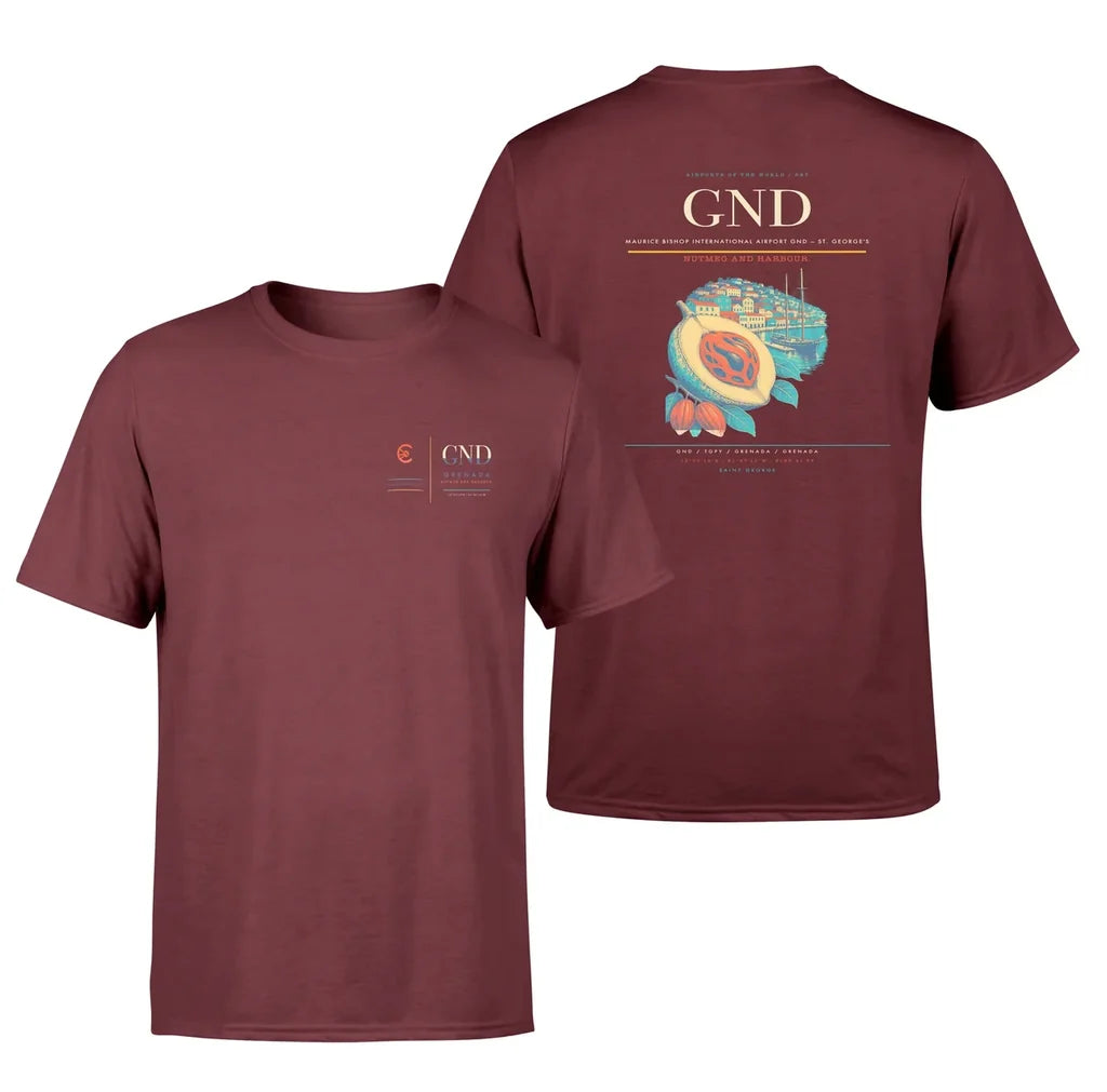 Maurice Bishop International Airport (GND) design printed on dark red double-side t-shirt