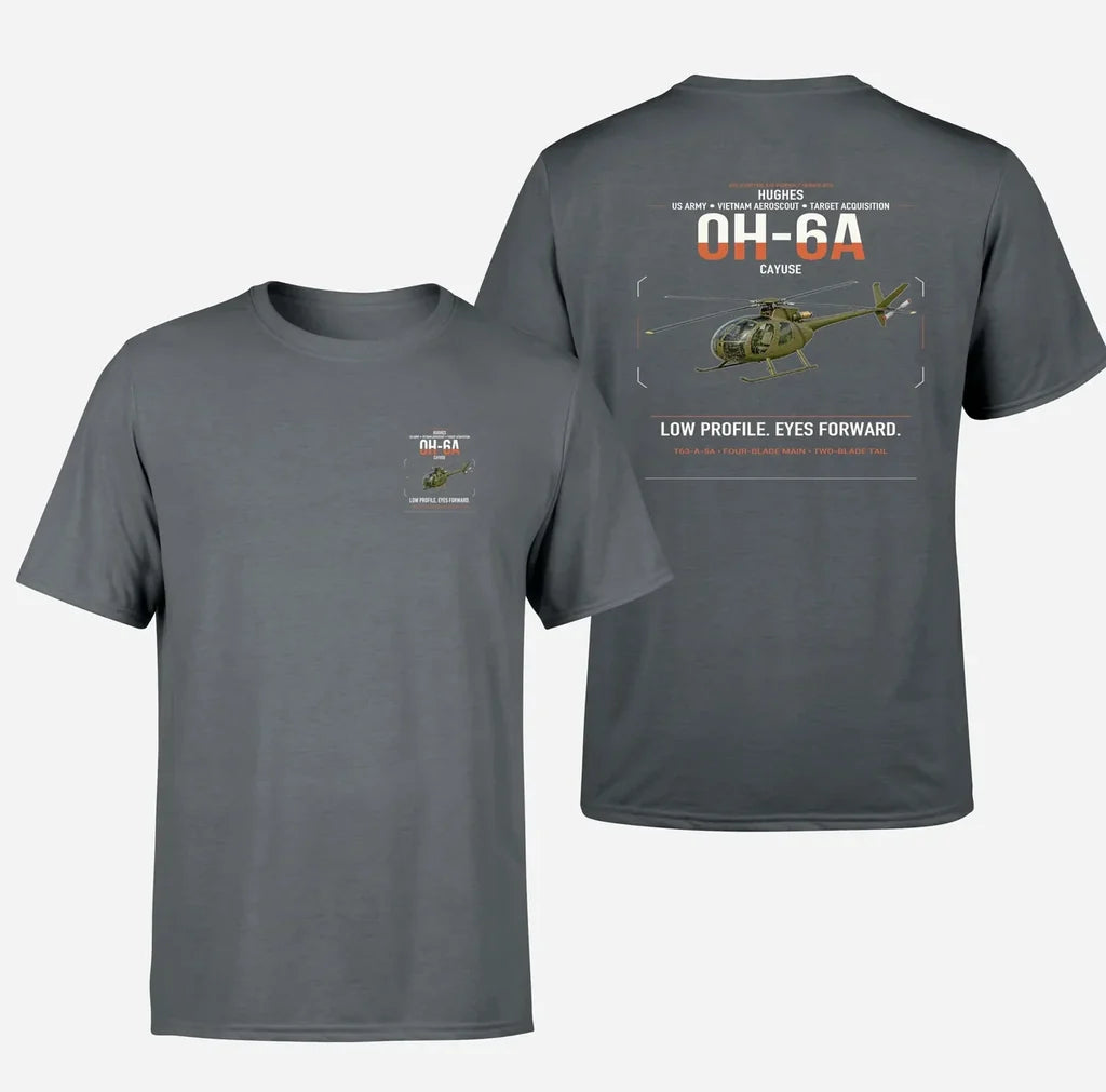 Hughes OH-6A Cayuse design on gray t-shirt, double-side print