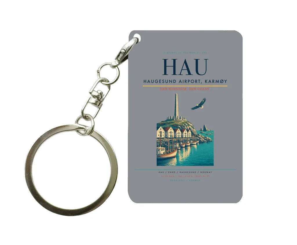 Haugesund Airport, Karmøy (HAU) design on gray key chain