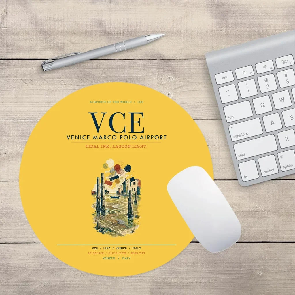 Venice Marco Polo Airport (VCE) design on yellow round mouse pad