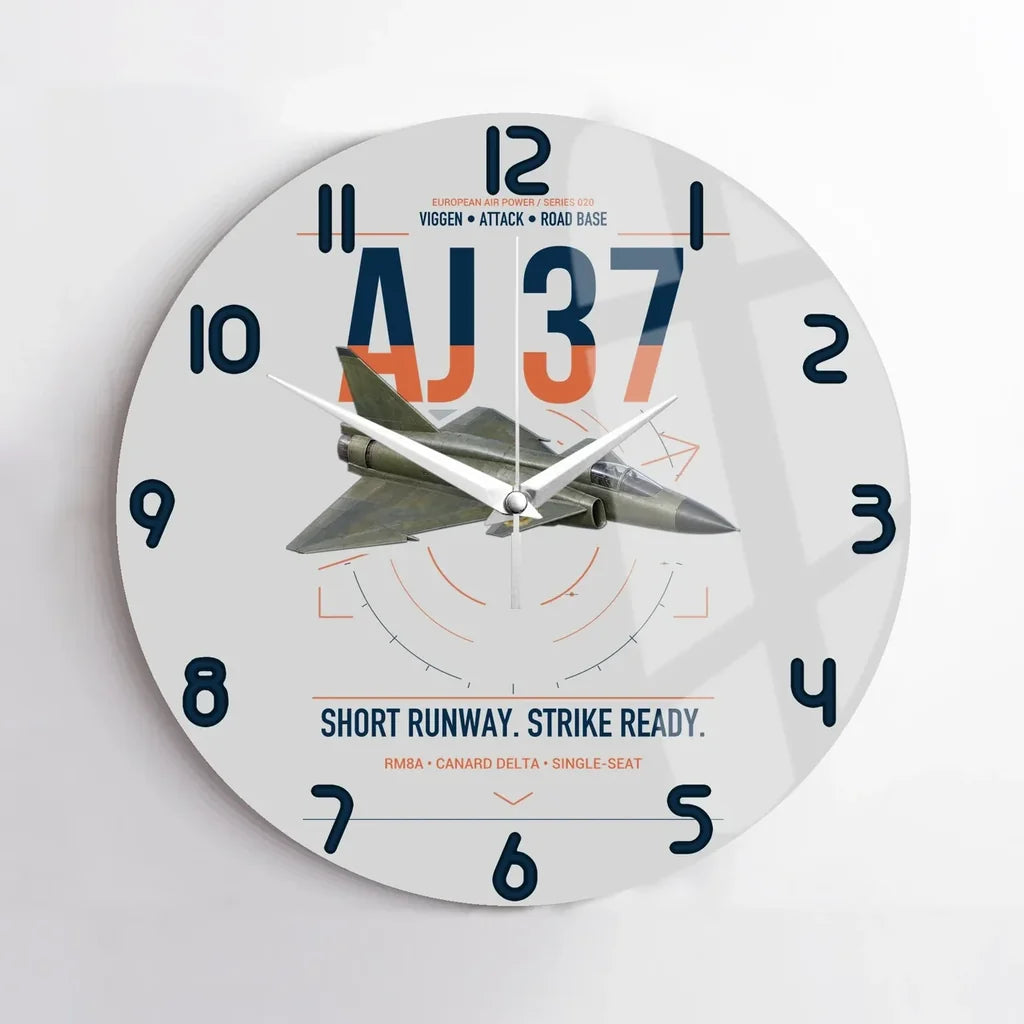 Saab AJ 37 Viggen design on light gray no frame wall clock