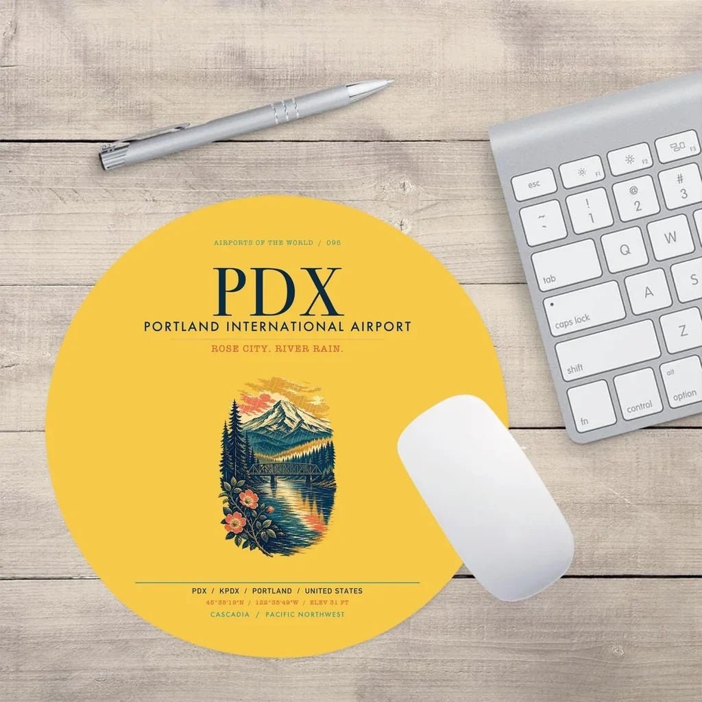 Portland International Airport (PDX) design on yellow round mouse pad