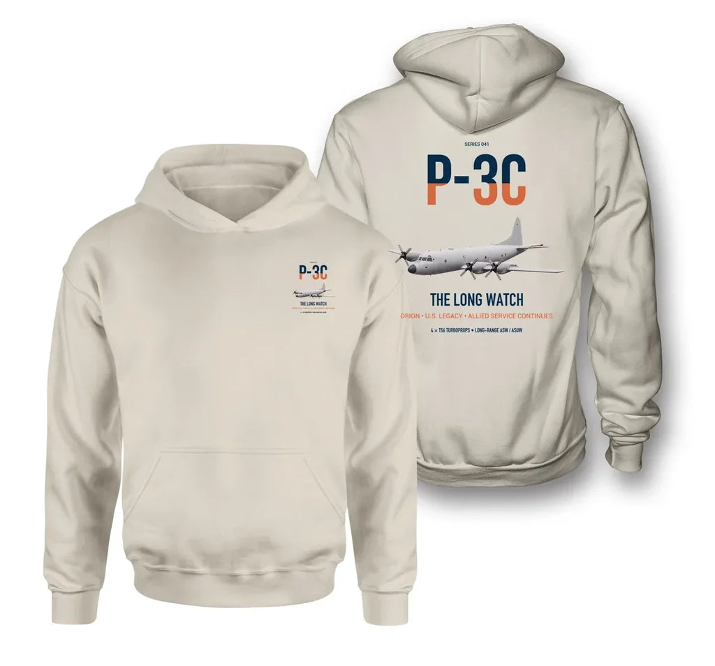 P-3C Orion design on khaki double-side hoodie, double-side print