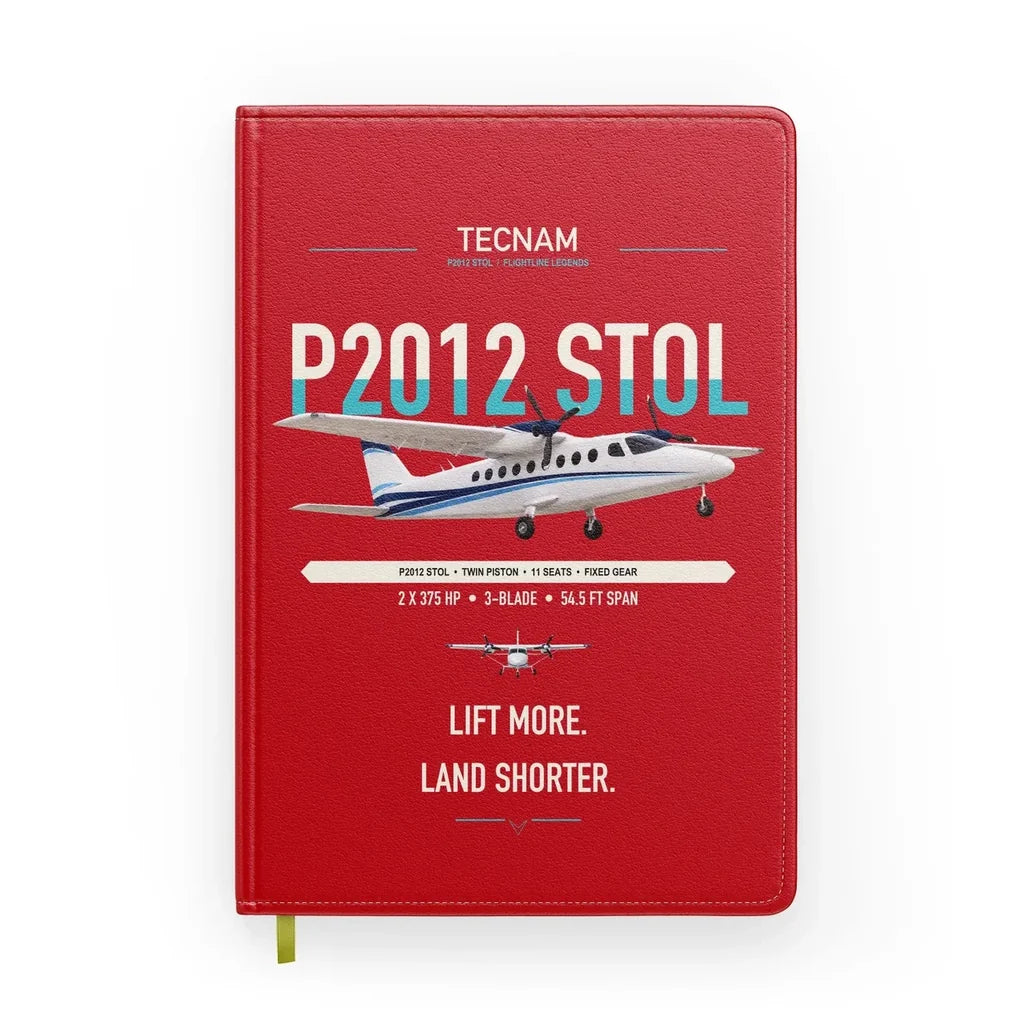 Tecnam P2012 STOL design on red notebook