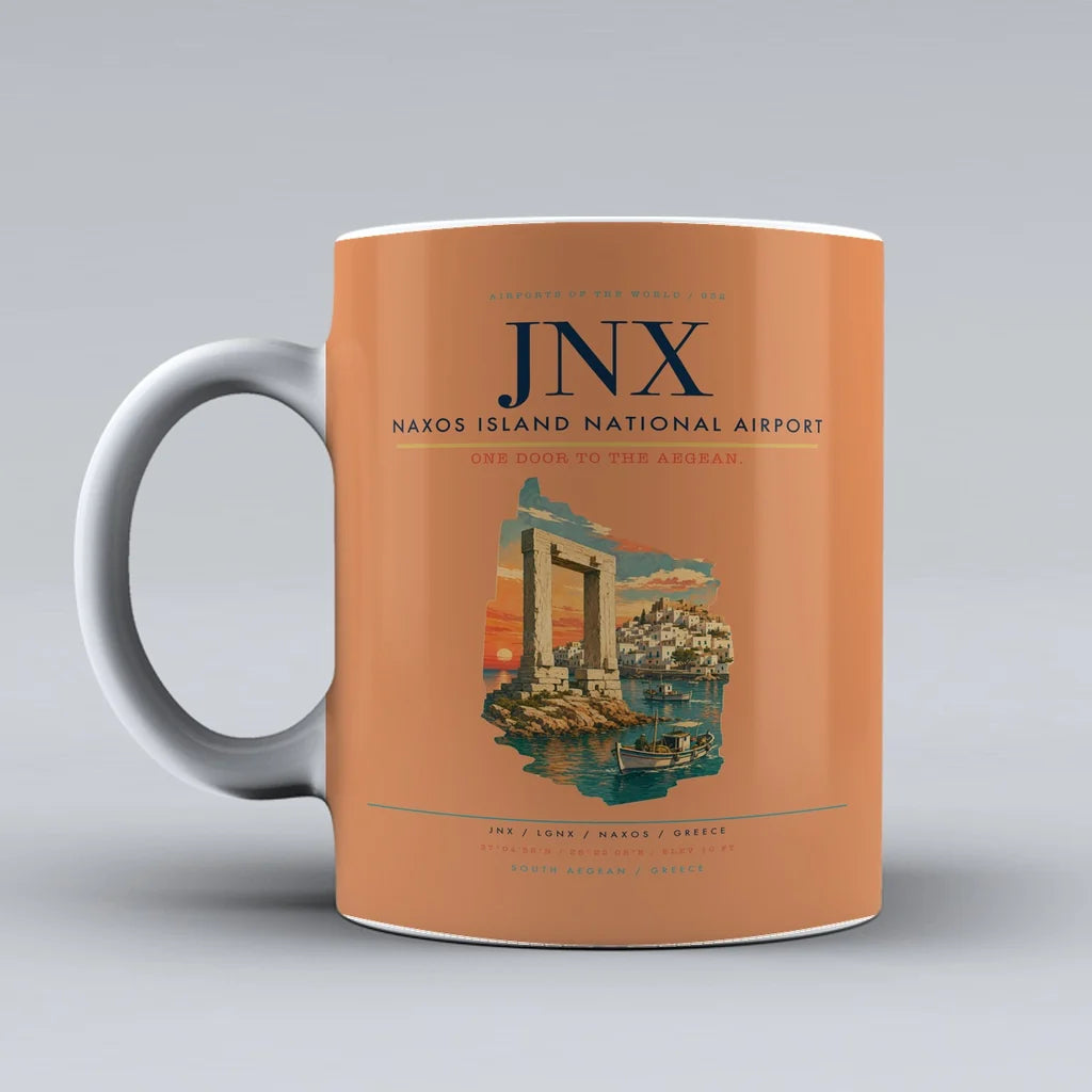 Naxos Island National Airport (JNX) airport code design on orange ceramic mug