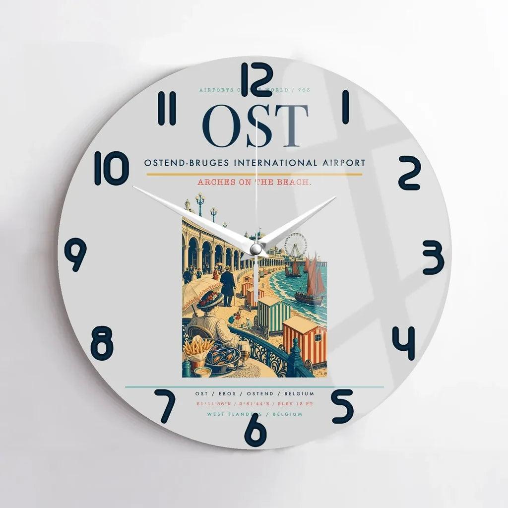 Ostend-Bruges International Airport (OST) design on light gray no frame wall clock
